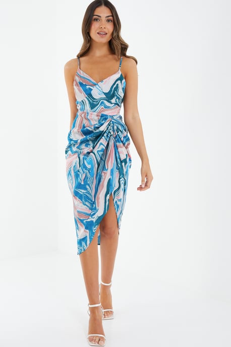 Petite Blue Satin Marble Print Ruched Midi Dress