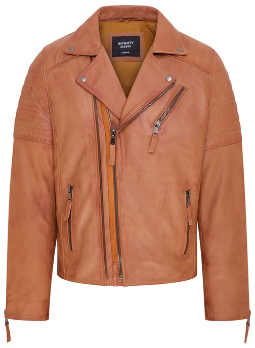 Mens Tan Brando Double Cross Zip Leather Biker Jacket- Fagernes