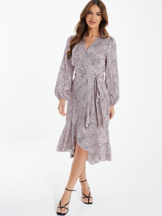 Pink Satin Animal Print Midi Dress