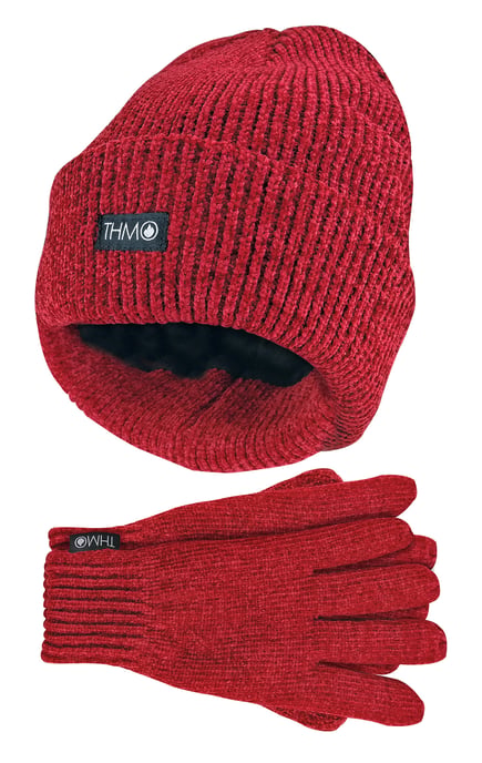 Damen Thinsulate Mütze und Handschuhe Set | THMO | Weiche Chenille gerippte Beanie Mütze & Handschuhe für Frauen - Rot - Image 1