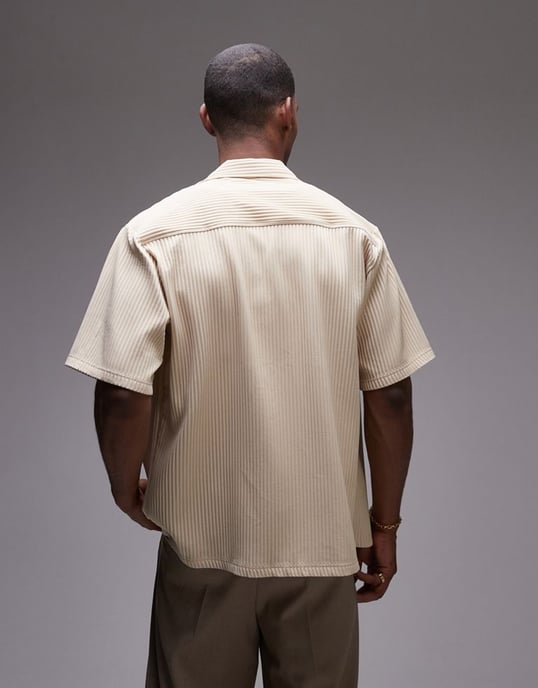 Topman short sleeve regular fit revere plisse shirt in stone-Neutral - Image 4
