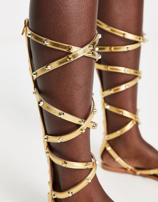 ASOS DESIGN Florida studded high leg gladiator flat sandals in gold