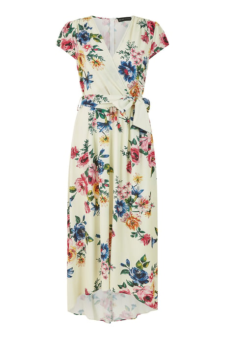 Mela Ivory Floral Wrap Dip Hem Dress