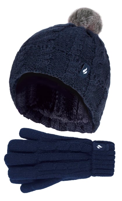Wärmehalter - Girls Bobble Pom Pom Hat and Gloves Set | Turn Over Cuff Hat & Cable Knit Gloves Style - Navy - Image 1