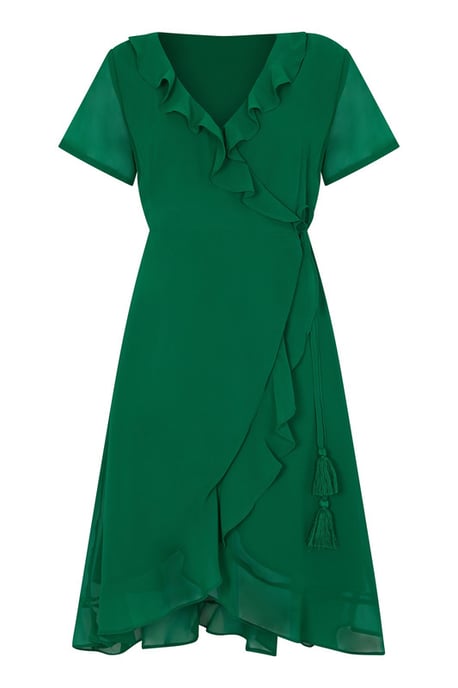 Robe portefeuille grande taille verte à volants et houppes - Image 4