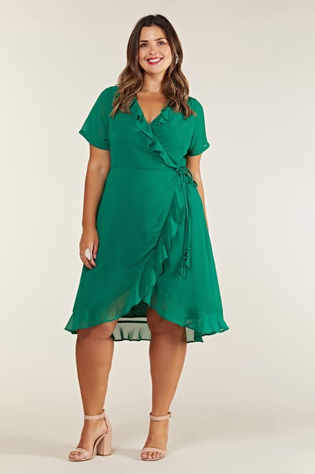 Robe portefeuille grande taille verte à volants et houppes - Image 3