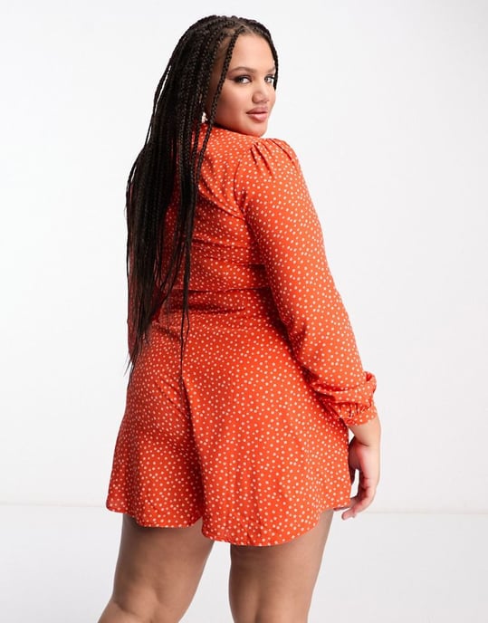 Glamorous Curve v neck tie waist tea playsuit in red orange ditsy-Multi