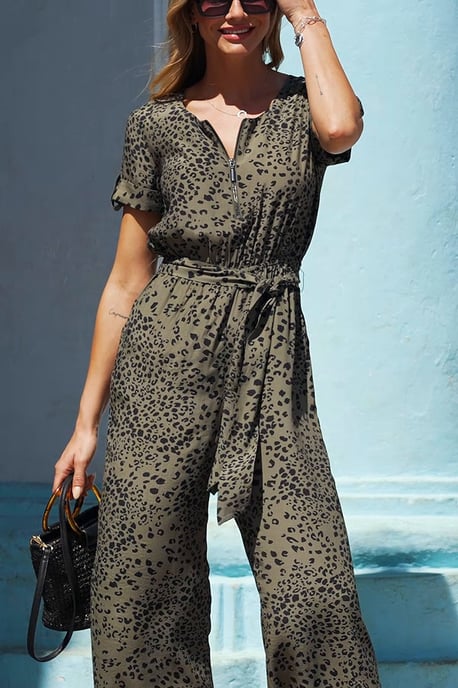 Khaki Green Animal Print Zip Front Culotte Jumpsuit