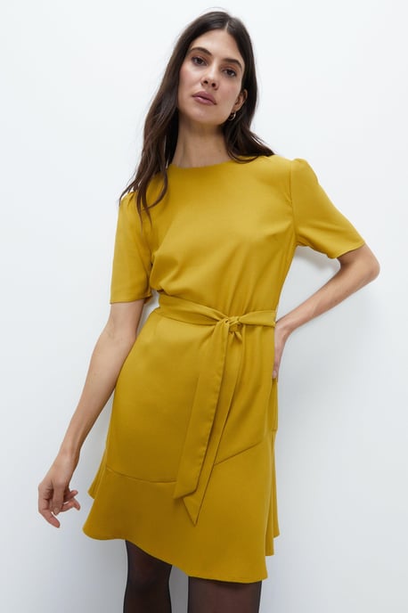 Fluted Hem Tie Waist Flippy Dress
