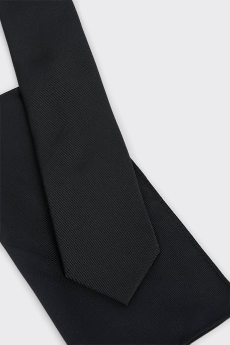 Longer Length Slim Black Tie And Pocket Square Set