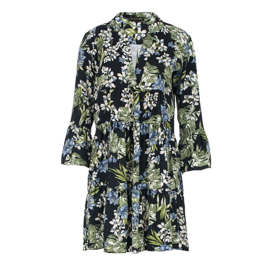 Khaki, Ecru und Blau geblümtes Kleid mit Glockenärmeln - Image 2