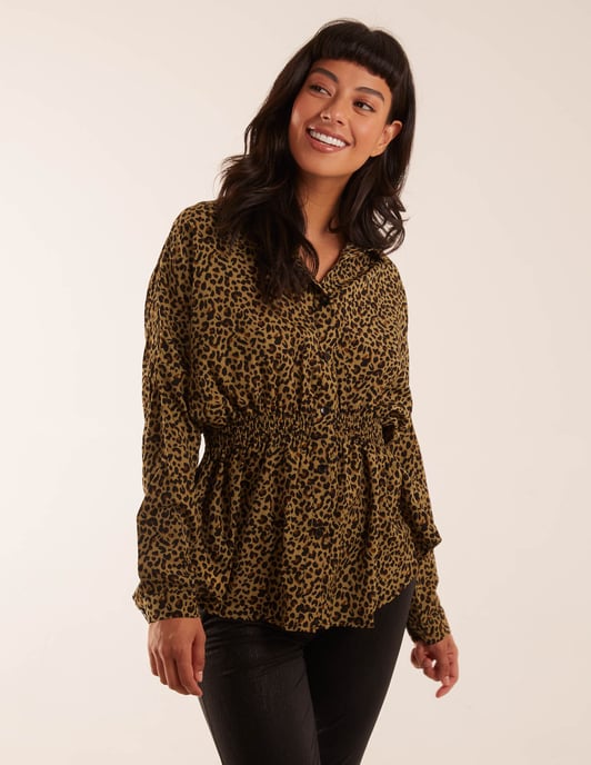 Leopard Print Shirred Waist Shirt - Image 1