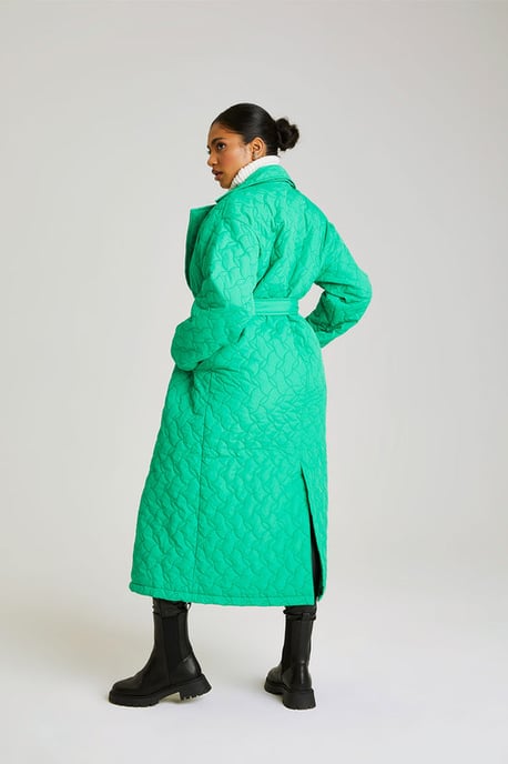 Green Longline Quilted Belted Jacket