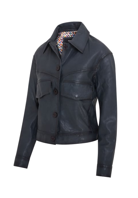 Womens Navy Retro Biker Leather Jacket - Kopervik