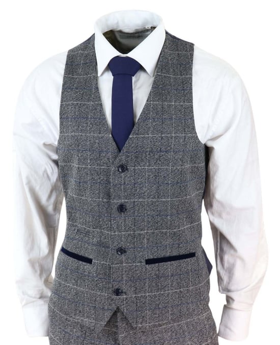3-teiliger klassischer Anzug für Herren in Grau mit blauem Karomuster im Vintage-Stil - Image 4
