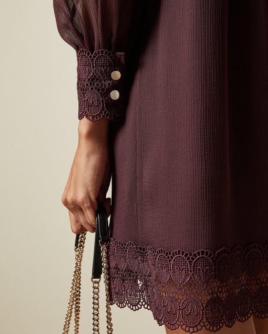 Ted Baker Anneah High Neck Lace Long Sleeved Tunic, Deep Purple