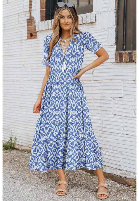 Damen Maxikleid mit geometrischem Print in Himmelblau - Image 2