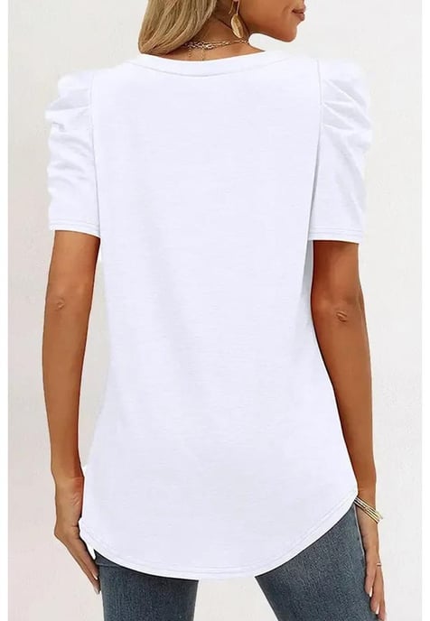 Damen V-Ausschnitt Puffärmel T-Shirt in Weiß - Image 2