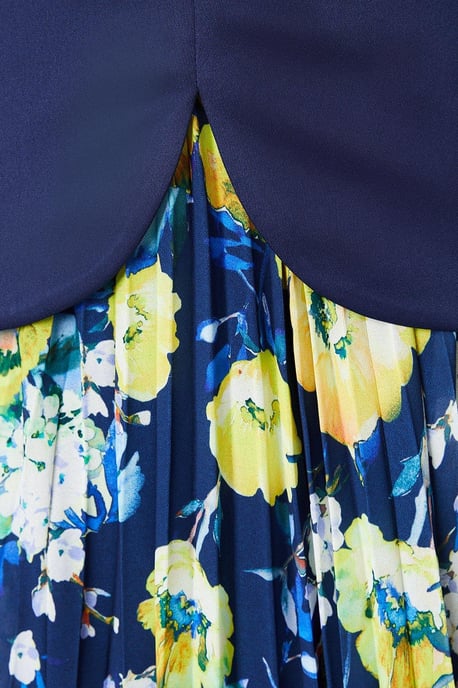 Printed Pleated Skirt Overlay Bodice Midi Dress