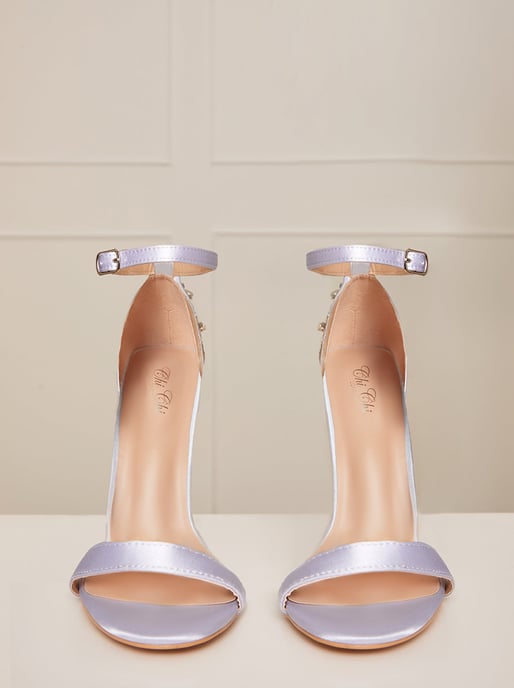 Embellished Satin Stiletto Heel Strappy Sandals in Blue