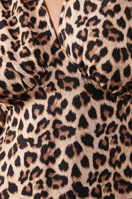 Leopard Viscose V Neck Long Puff Sleeve Midi Dress