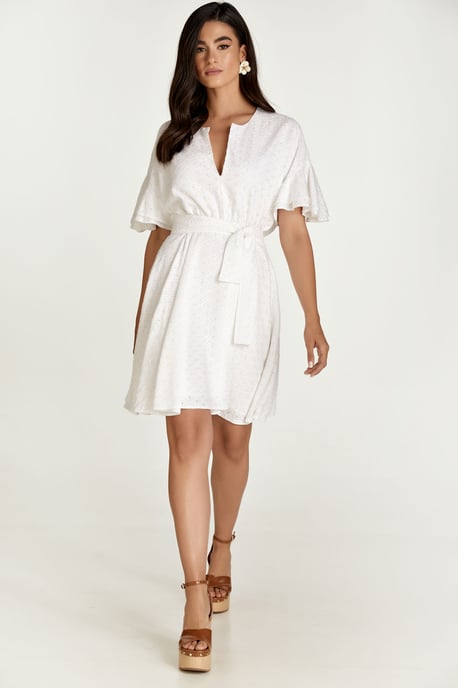 Weißes besticktes Kleid mit gerafften Ärmeln - Image 1