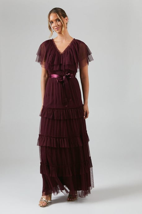 Double Layer Tiered Skirt Mesh Bridesmaids Dress