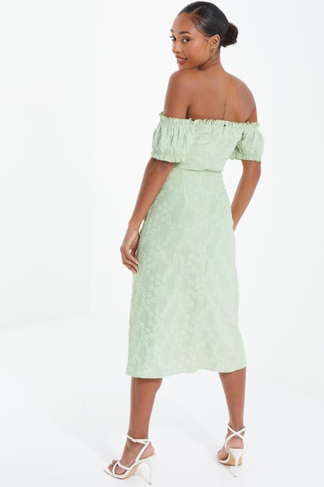 Sage Green Jacquard Bardot Midi Dress
