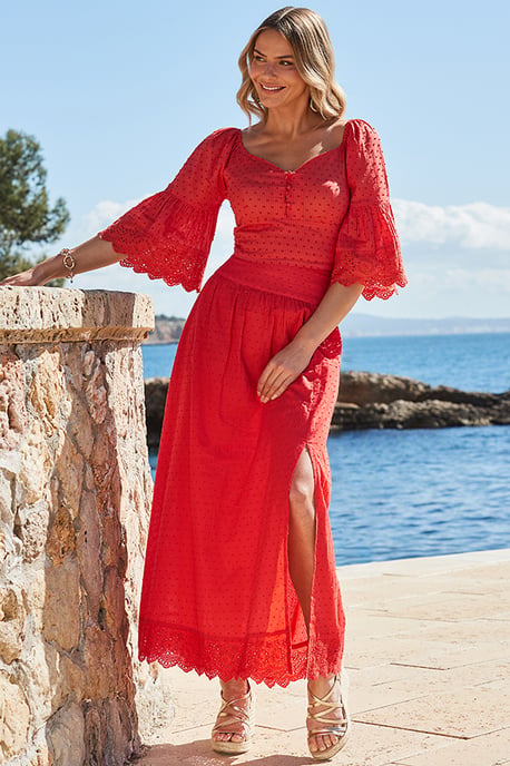 Orange Embroidered Top With Broderie Trim