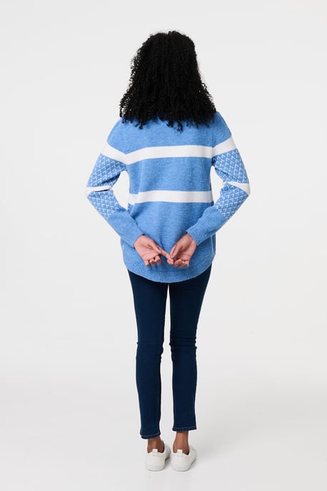 Blue Stripe Print Relaxed Curve Hem Jumper