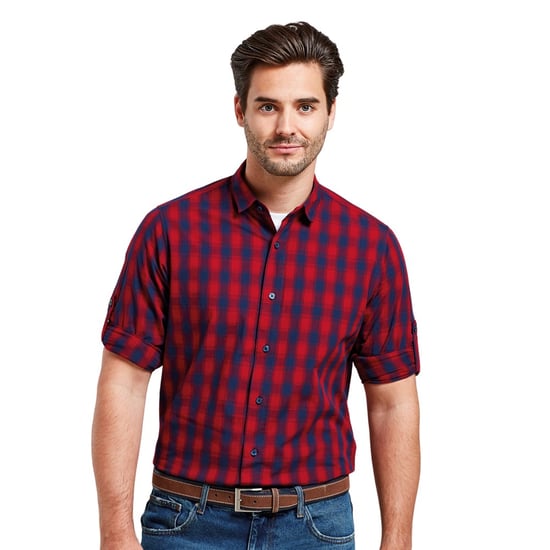 Premier Mens Mulligan Kariertes Langarmhemd aus Baumwolle (Rot/Navy) - Image 4