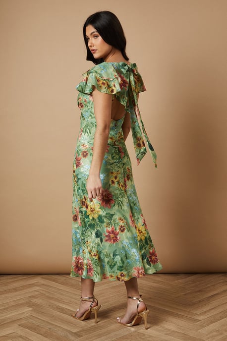 Floral Satin Burnout Ruffle Midi Dress