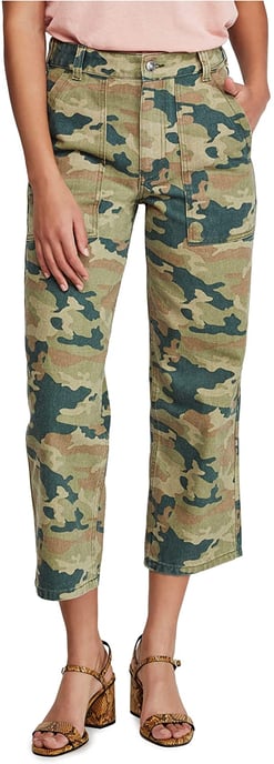 Free People Women's Jeans Green Straight-Leg Camo-Print