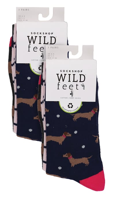 6 Pack Damen Fun Design Socken | Wildfeet | Niedliche Neuheit Tiermuster Socken - Dashchund - Image 2