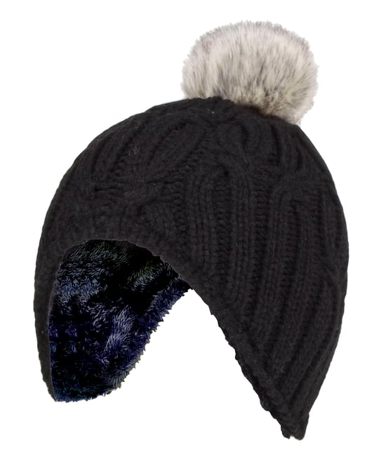 Wärmehalter - Mädchen Kabel gestrickt Beanie-Mütze mit Pom Pom Bommel für Winter | Warme thermisch isolierte Mütze - Schwarz - Image 1
