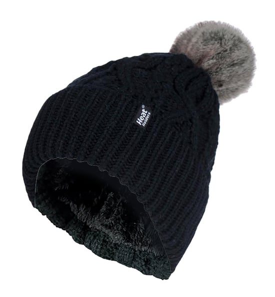 Ladies Ribbed Cuffed Pom Pom Bobble Beanie Mütze mit Fleece-Futter - Image 1