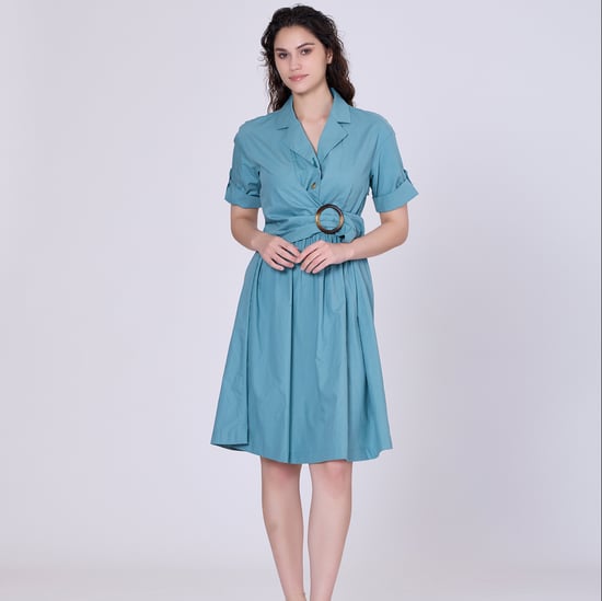 Shirt dress with asymmetric belt panel