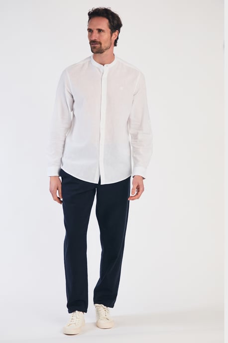 White Linen Blend Long Sleeve Button-Up Shirt With Grandad Collar - Image 3