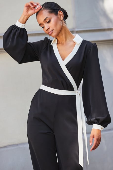 Black & White Contrast Trim Wrap Front Jumpsuit