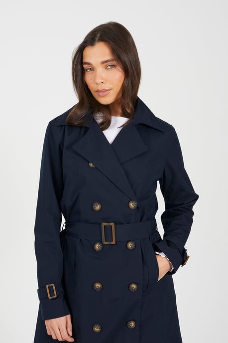 Navy Double-Breasted Longline Trench Coat With Detachable Hood - Image 4
