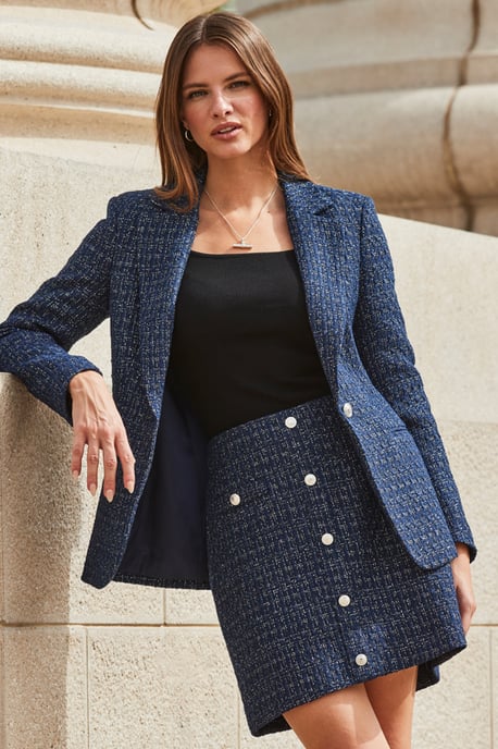 Navy Blue Metallic Boucle Button Front A-Line Skirt