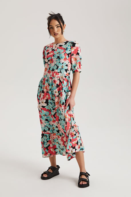 Black Floral Smock Dress