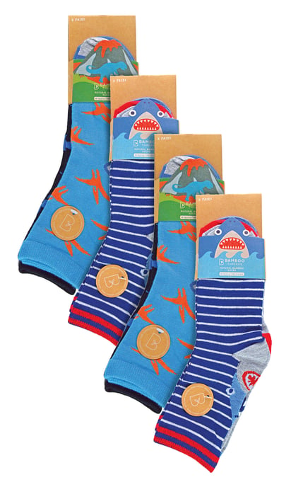 12 Paar Multipack Kinder Neuheit Bambus Trainer Socken | Socken Snob | Atmungsaktiv Low Cut Socken mit Spaß Designs - Pack 1 (Haie & Dinosaurier) - Image 2