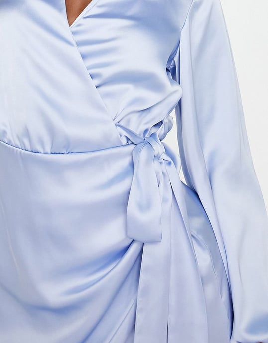 Miss Selfridge going out satin wrap shirt dress in pale blue