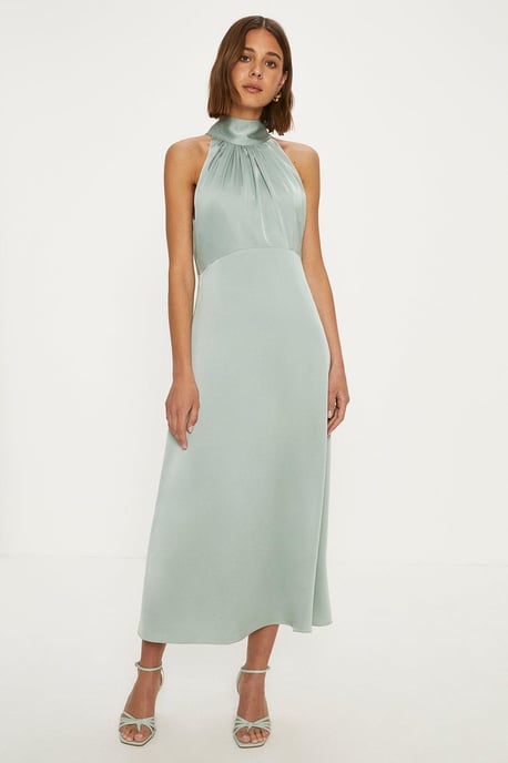 Satin Halter Neck Midi Bridesmaids Dress - Image 1