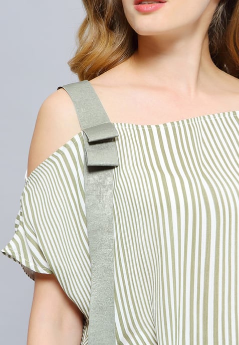 Asymmetric Draped Stripe Print Midi Dress