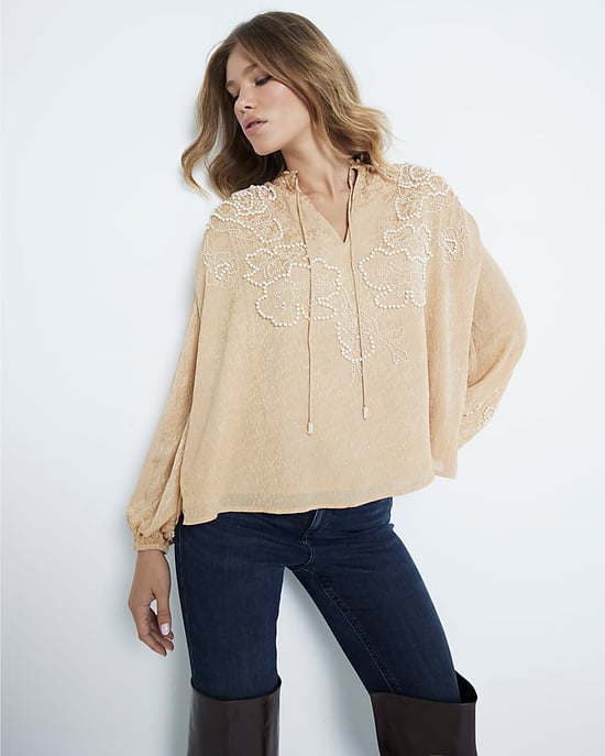 River Island Womens Blouse Beige Tie Neck Pearl