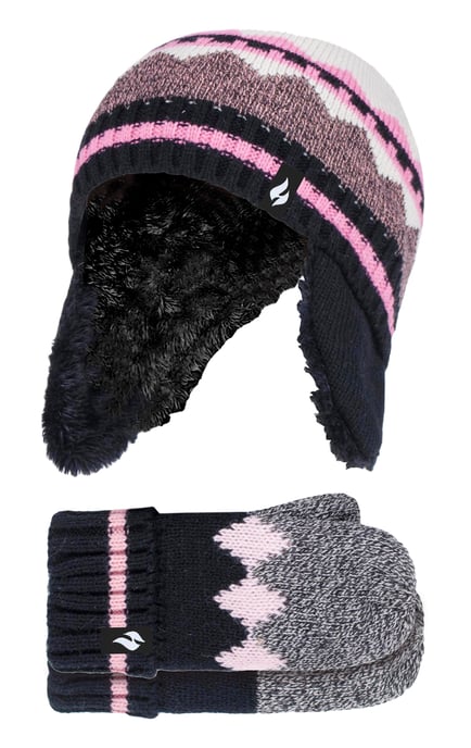 Wärmehalter - Girls Nordic Pattern Fairisle Design Trappermütze mit Pom Pom und Fäustlinge Handschuhe Set - Schwarz - Image 1