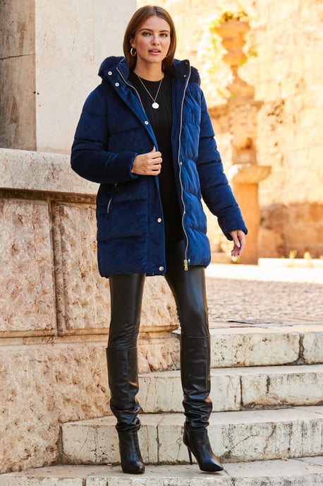 Navy Blue Luxe Velvet Padded Coat