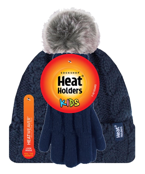 Wärmehalter - Girls Bobble Pom Pom Hat and Gloves Set | Turn Over Cuff Hat & Cable Knit Gloves Style - Navy - Image 2